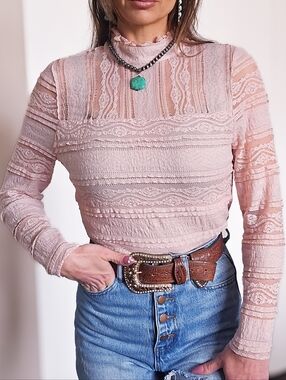 Bebe Lace Mock Neck Top Blush Pink Long Sleeve Sheer Romantic Boho Western